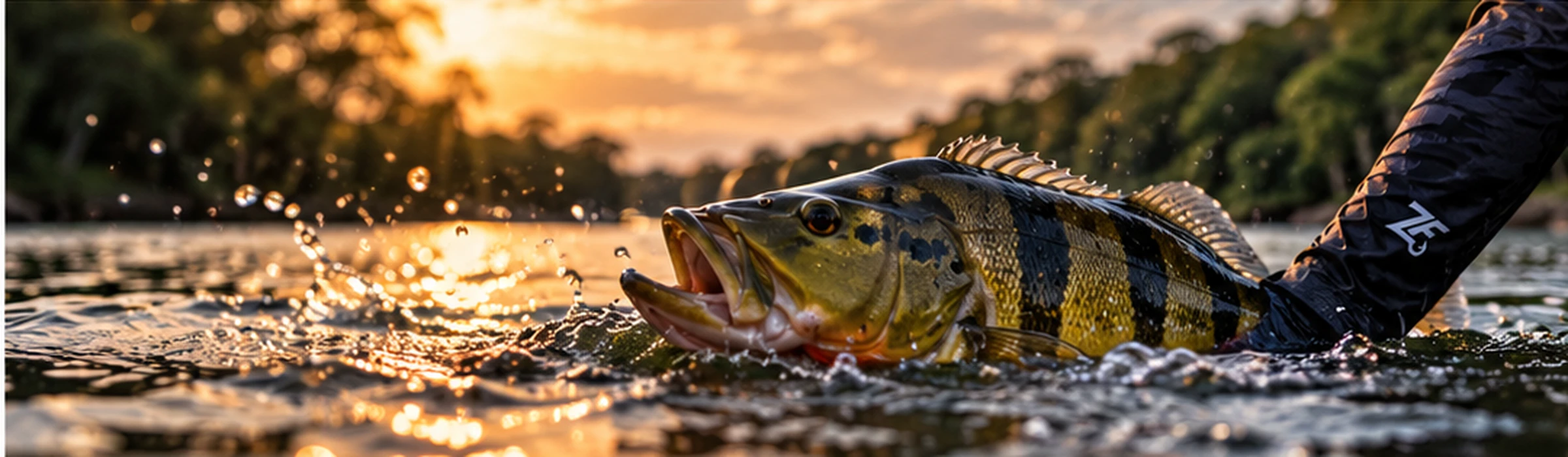 Tucunaré fisgado ao entardecer por pescador vestindo Zake Fishing