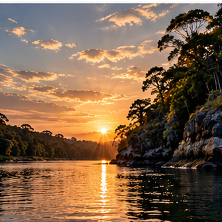 Pôr do sol em um rio cercado de mata, cenário de pesca esportiva