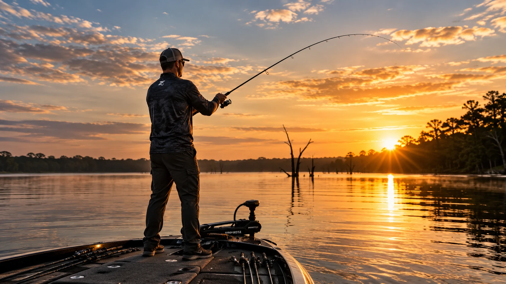 Pescador vestindo camisa de pesca esportiva Zake Fishing durante o pôr do sol