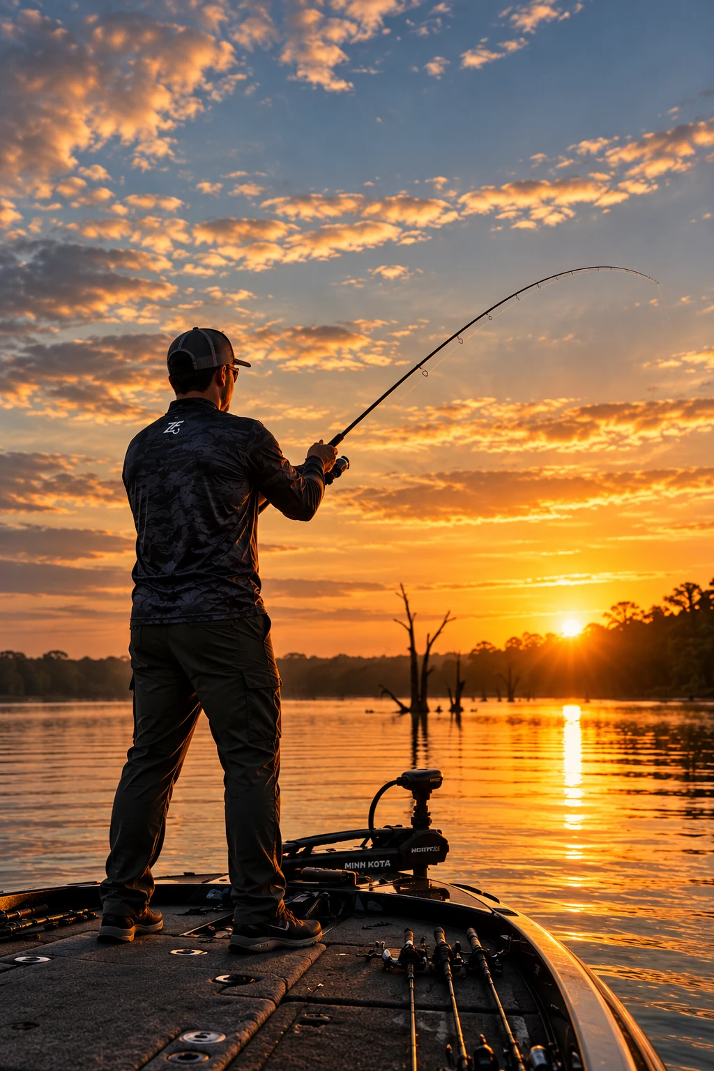 Pescador vestindo camisa de pesca esportiva Zake Fishing durante o pôr do sol