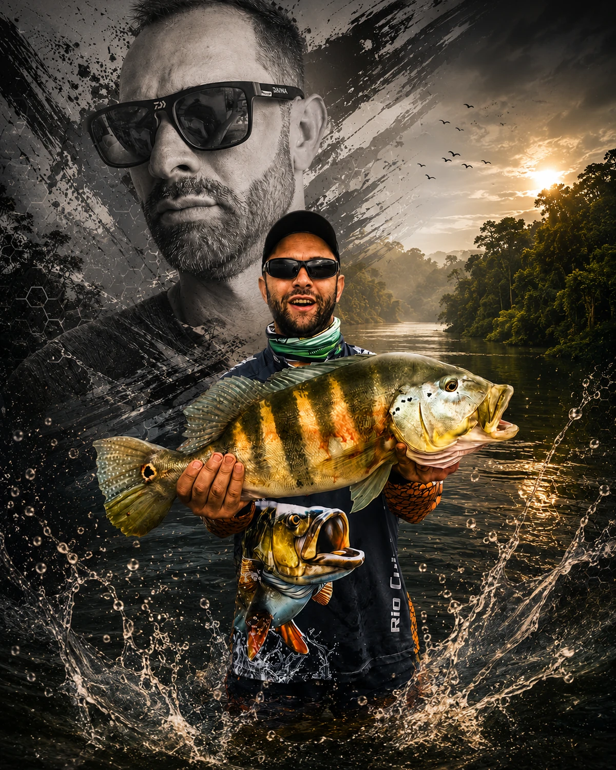 Ezaquiel sorrindo ao segurar um tucunaré em um rio, vestindo camisa de pesca esportiva